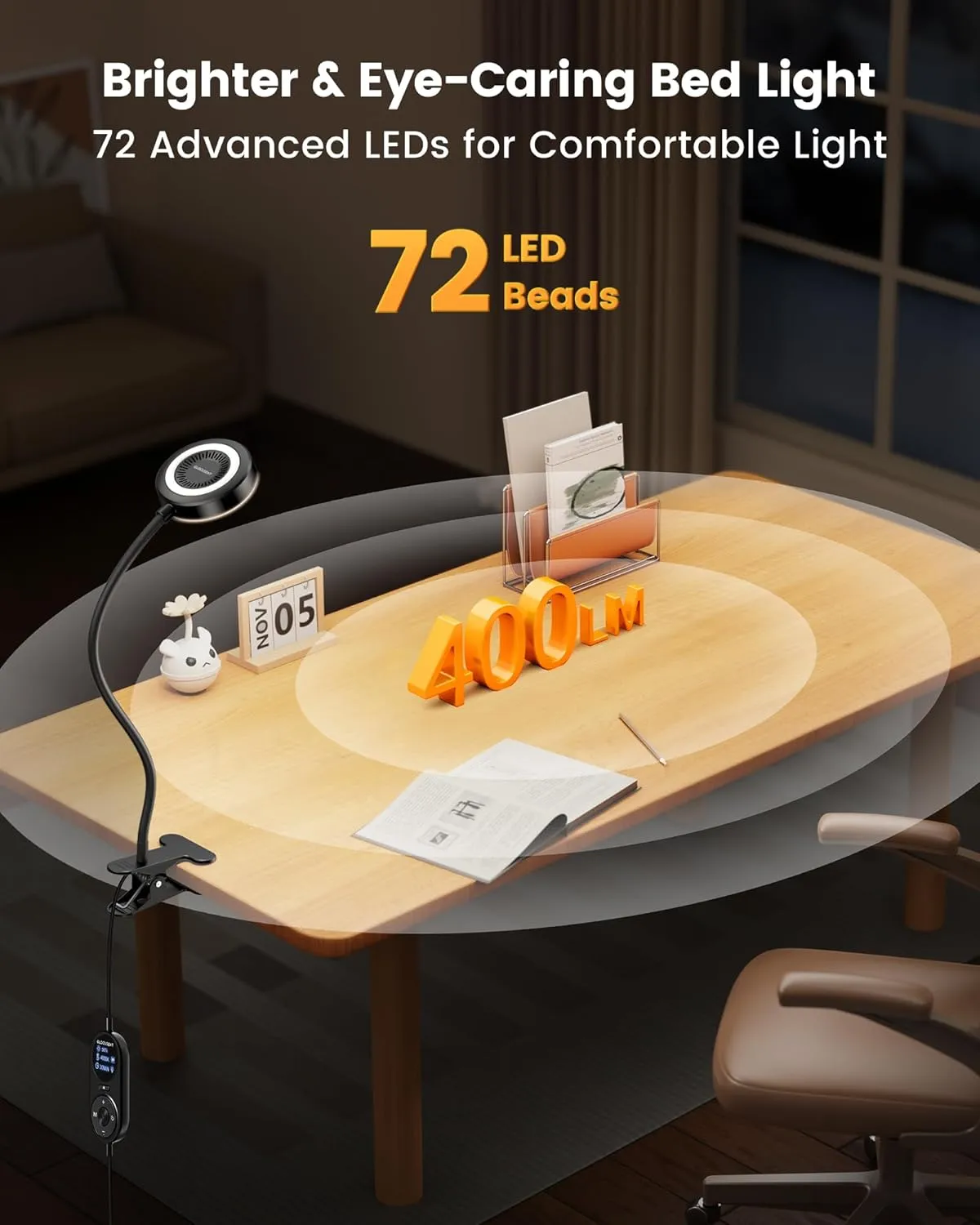 Glocusent Clip on Light, 72-LED Clip on Lamp with Amber Night Light, 3 Colors & 5 Brightness Bed Lamp, 30-Min Auto Off Timer, Perfect Eye Caring Reading Lamps for Bed/Bunk Bed