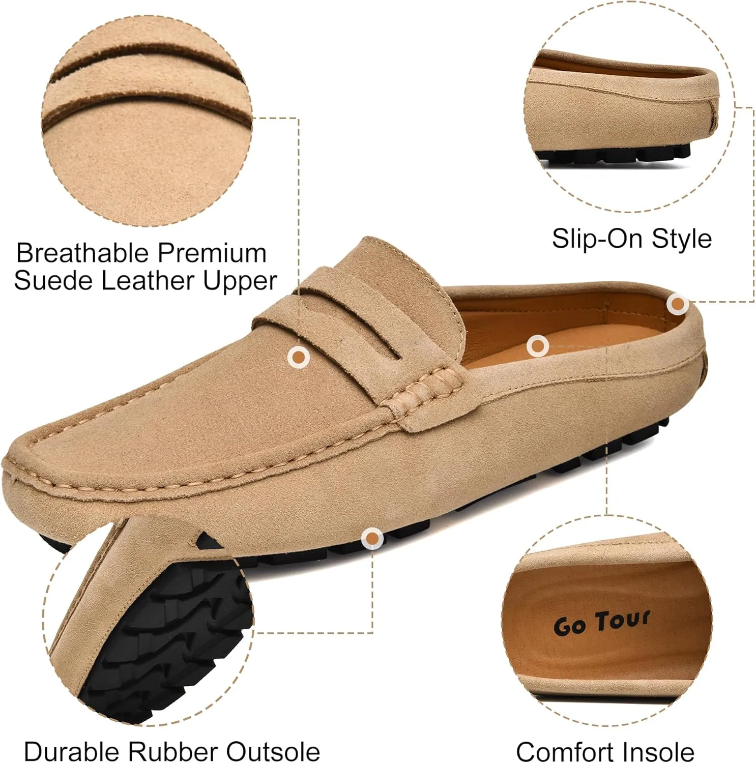 Go Tour Mens Handmade Suede Leather Mules Clog Slippers Breathable Leather Slip on Shoes Casual Loafers