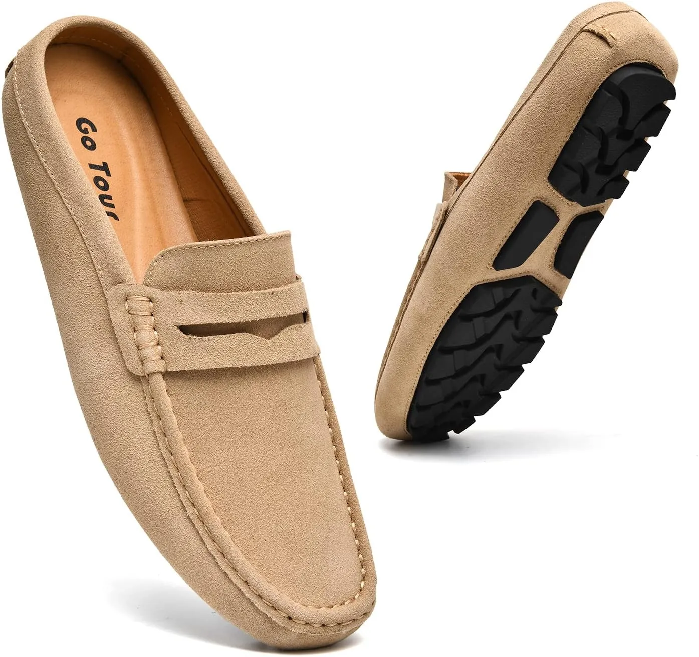 Go Tour Mens Handmade Suede Leather Mules Clog Slippers Breathable Leather Slip on Shoes Casual Loafers