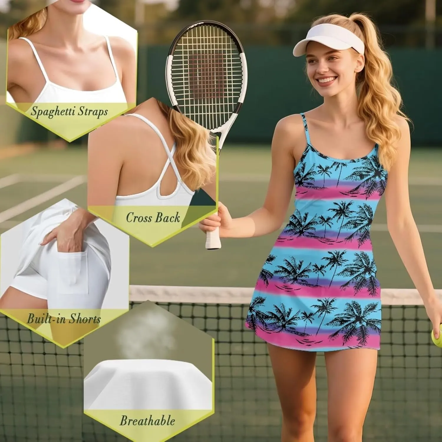Golf Dresses for Womens Spaghetti Strap Tennis Dress Wrap Skirt Built in Shorts Golf Athletic Dress