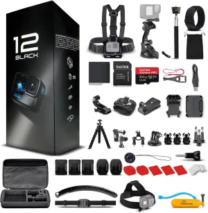 GoPro HERO12 (Hero 12) Black - Waterproof Action Camera with 5.3K HDR Video, 27MP Photos, 1/1.9" Image Sensor, Live Streaming, Webcam, Stabilization   64GB Card & 50 Piece Accessory Kit - Bundle