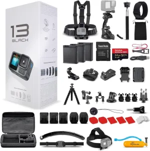 GoPro HERO13 (Hero 13) Black - with 50 Piece Accessory Kit and 2 Extra Batteries   64GB Card - Waterproof Action Camera - 5.3K HDR, 27MP Photos, 1/1.9" Sensor, Live Streaming, Webcam, Stabilization