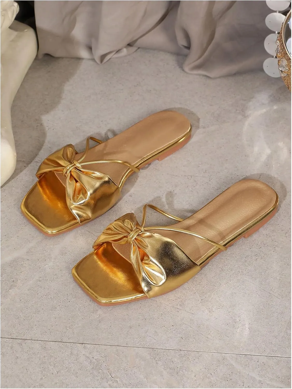 GORGLITTER Women's Bow Flats Sandals Dress Strappy Open Toe Summer Slides Sandal