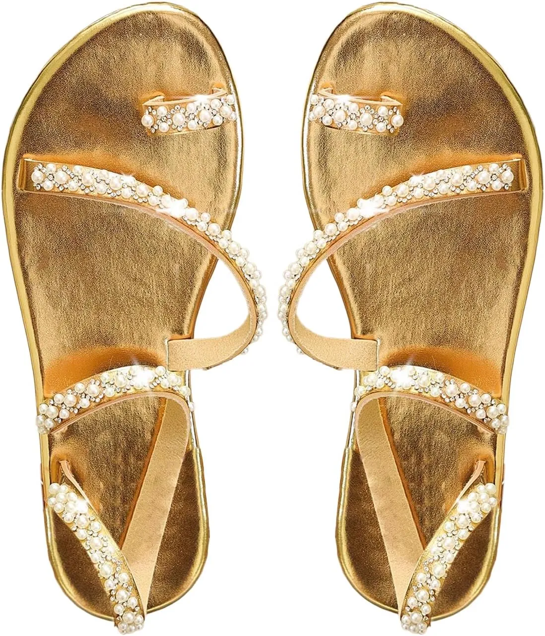 GORGLITTER Women's Pearl Strappy Flat Sandals Beaded Ankle Strap Toe Ring Summer Sandal