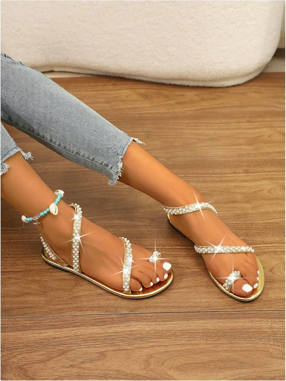 GORGLITTER Women's Pearl Strappy Flat Sandals Beaded Ankle Strap Toe Ring Summer Sandal