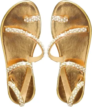GORGLITTER Women's Pearl Strappy Flat Sandals Beaded Ankle Strap Toe Ring Summer Sandal