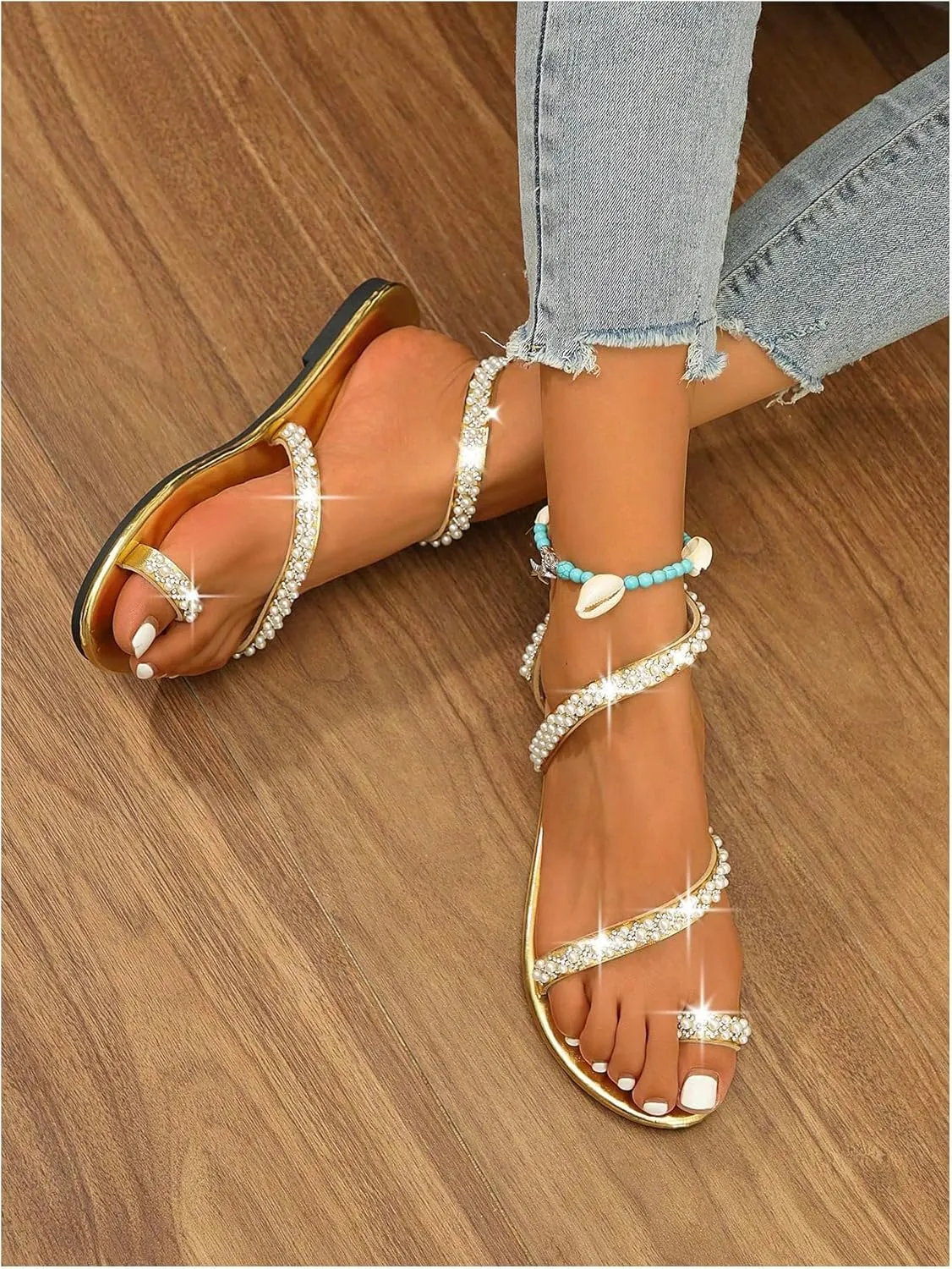 GORGLITTER Women's Pearl Strappy Flat Sandals Beaded Ankle Strap Toe Ring Summer Sandal