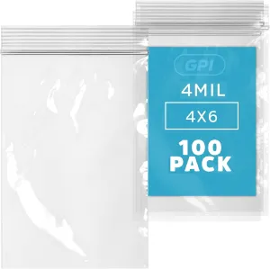 GPI - PACK of 100, 4" x 6" CLEAR PLASTIC RECLOSABLE ZIP BAGS - Heavy Duty, Bulk 4 mil Thick Strong & Durable Poly Baggies With Resealable Zip Top Lock For Travel, Storage, Packaging & Shipping