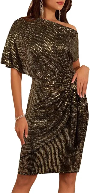 GRACE KARIN Women's Sequin Sparkly Glitter Party Club Dress One Shoulder Ruched Cocktail Bodycon Dress