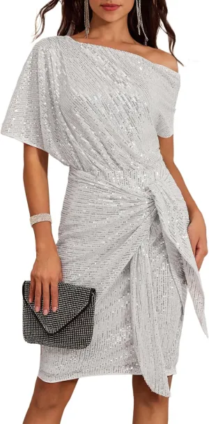 GRACE KARIN Women's Sequin Sparkly Glitter Party Club Dress One Shoulder Ruched Cocktail Bodycon Dress