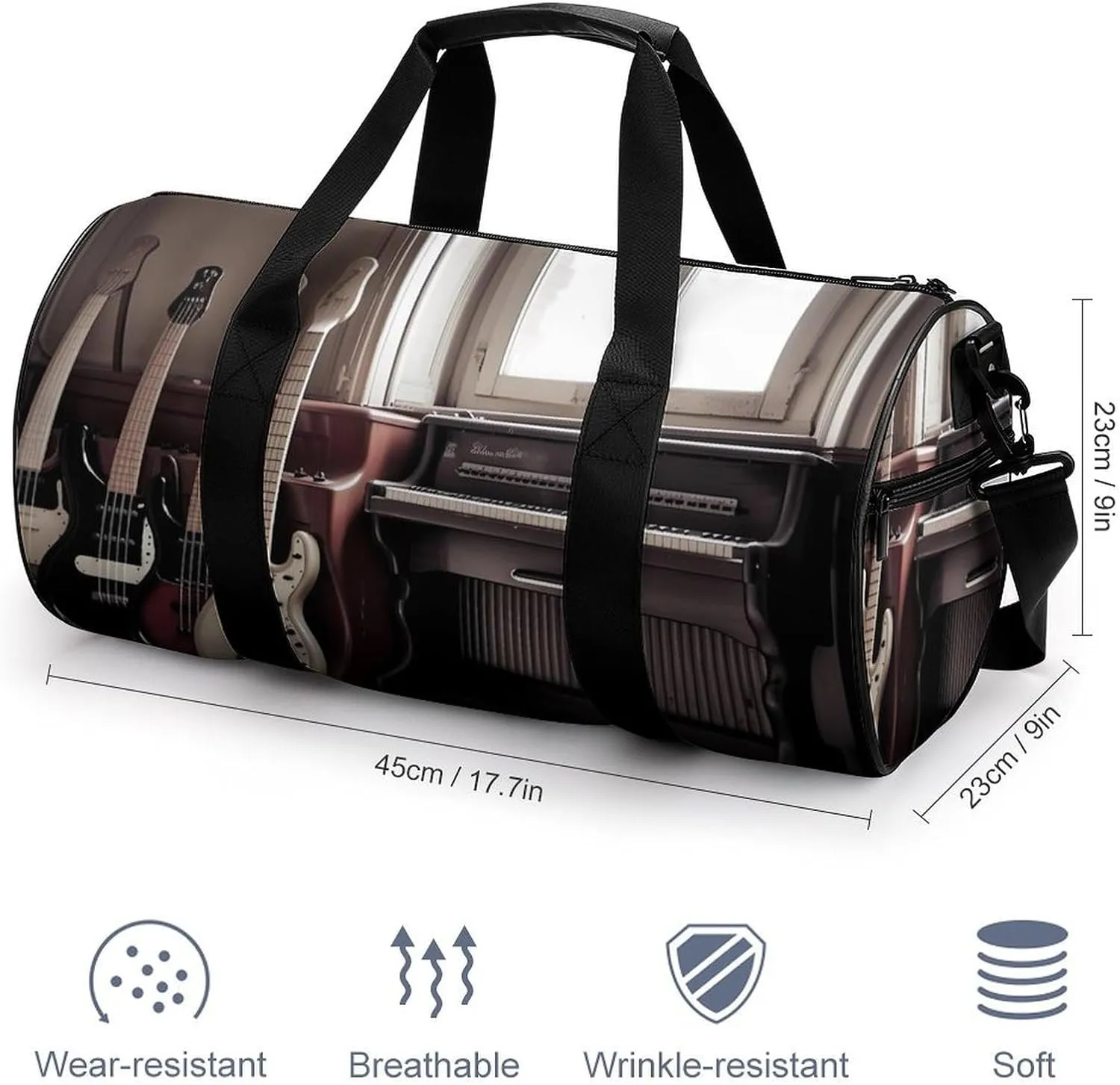 Guitar Bass Music Musical Instruments Duffel Bag for Men Women Gym Bag Sports Small Overnight Bag for Travel Weekender, 17.7in/9in/9in, XB0606009
