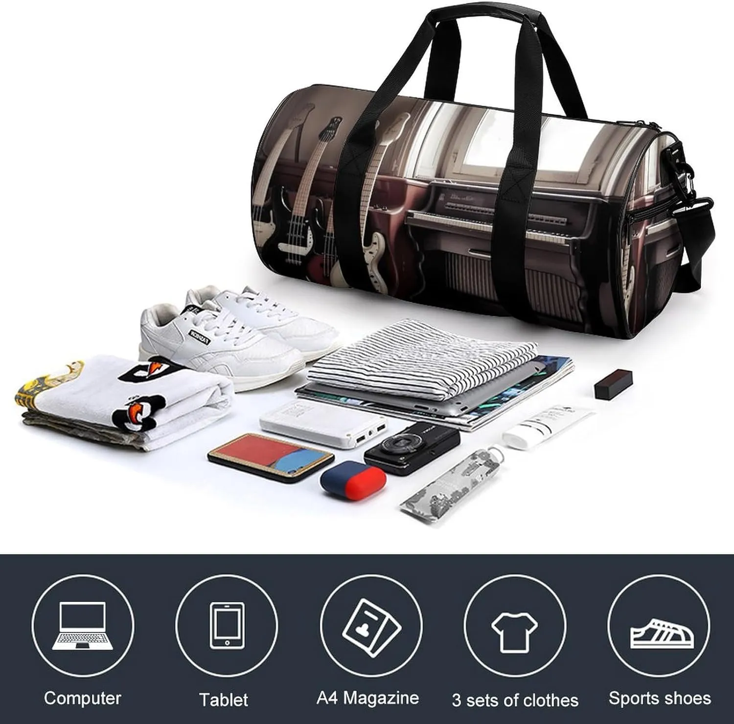Guitar Bass Music Musical Instruments Duffel Bag for Men Women Gym Bag Sports Small Overnight Bag for Travel Weekender, 17.7in/9in/9in, XB0606009