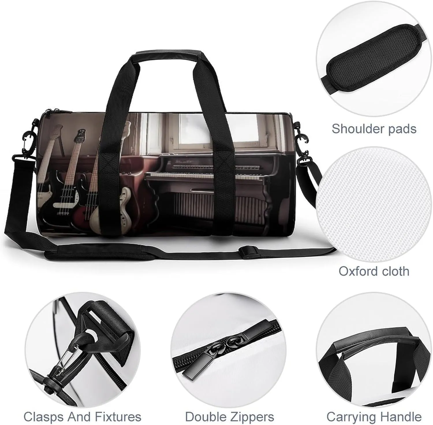 Guitar Bass Music Musical Instruments Duffel Bag for Men Women Gym Bag Sports Small Overnight Bag for Travel Weekender, 17.7in/9in/9in, XB0606009