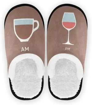 GuoChe AM Coffee PM Wine Slippers for Women Funny Slippers Men Womens Slippers House Slippers Fuzzy Plush Lining Slip On House Shoes Indoor Outdoor-L