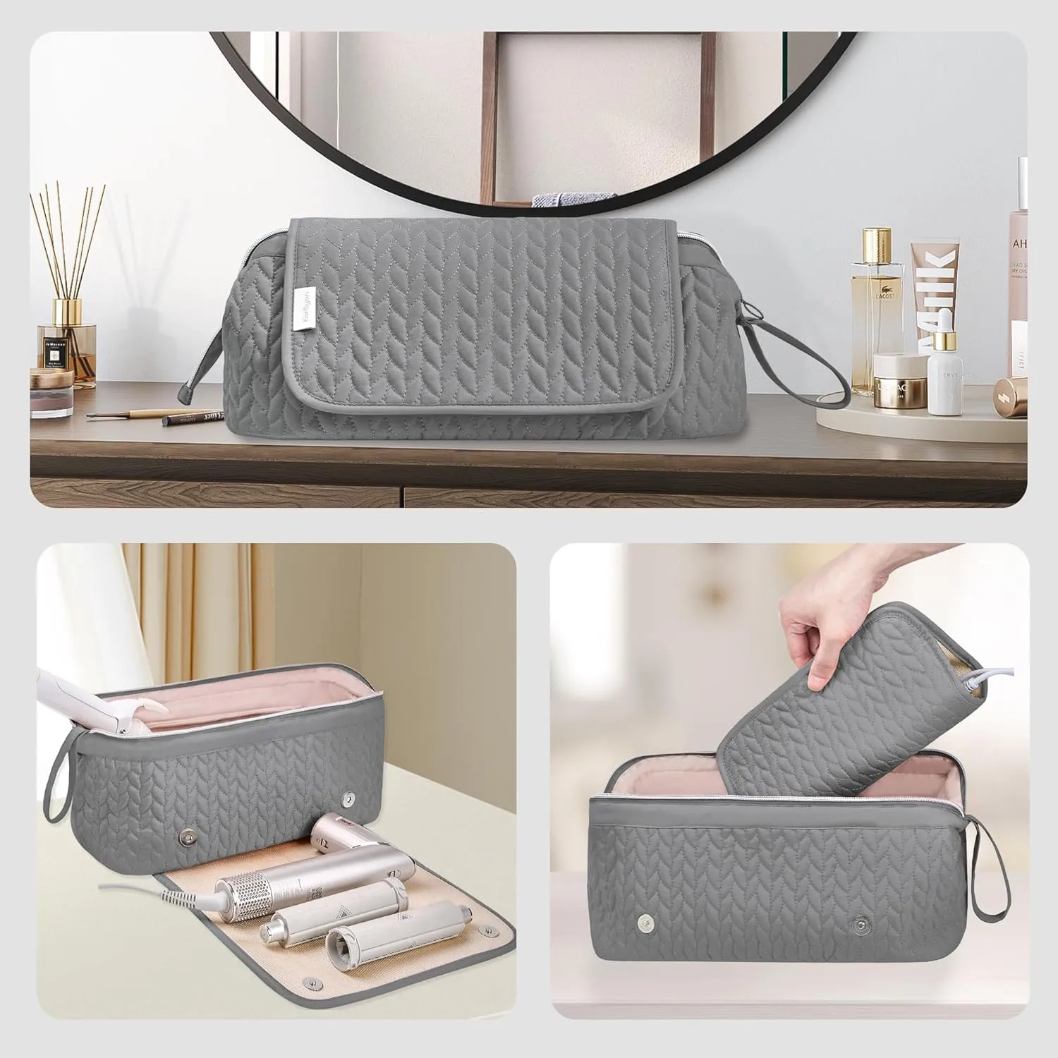 Hair Tools Travel Bag Karsyon Heat Resistant Mat Case Hot Tools Straightener, Curling Iron,Hair Dryers,Haircare Accessories Travel Essentials for Women 2 in 1 Organizer Bags (Gray)