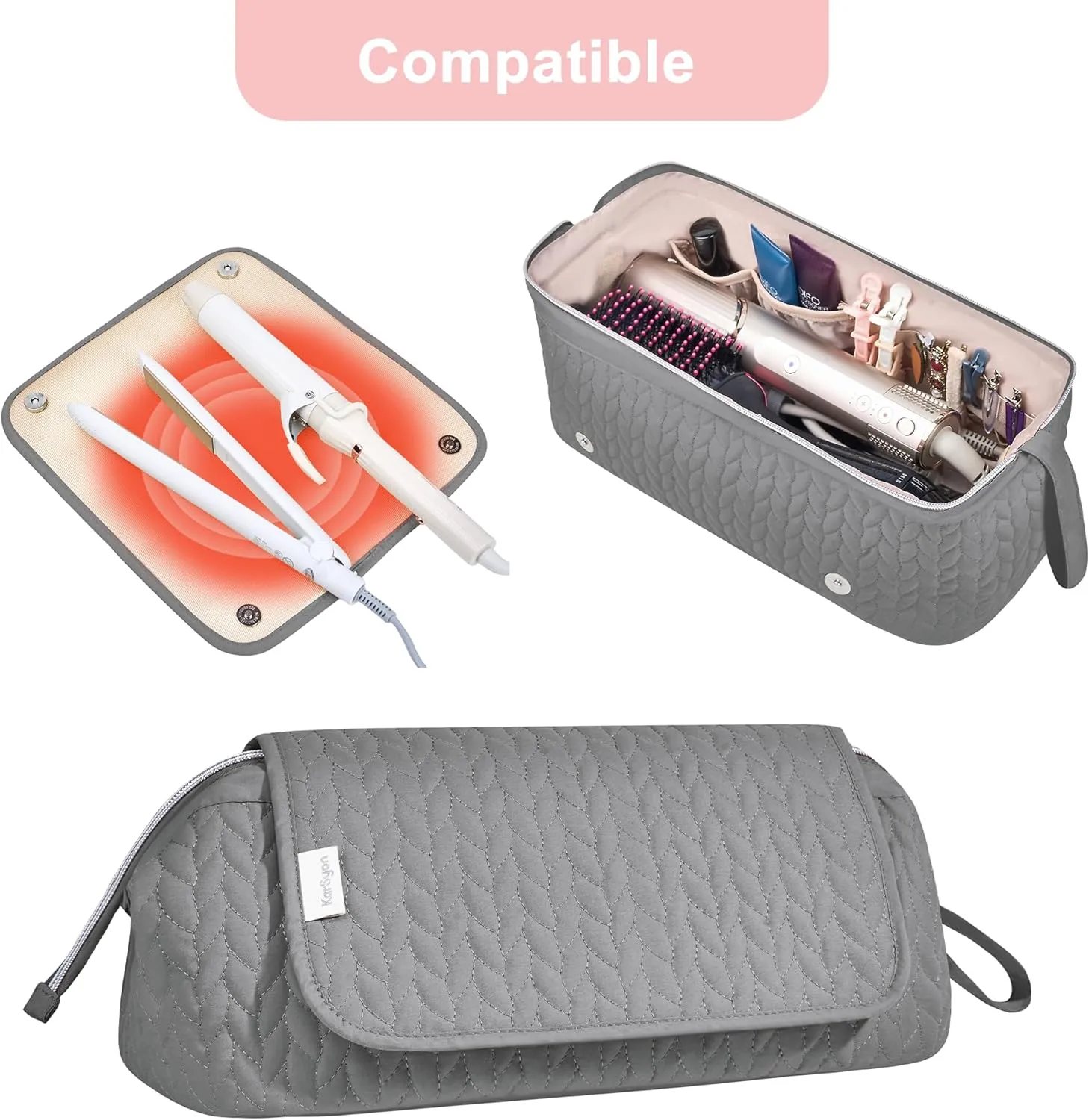 Hair Tools Travel Bag Karsyon Heat Resistant Mat Case Hot Tools Straightener, Curling Iron,Hair Dryers,Haircare Accessories Travel Essentials for Women 2 in 1 Organizer Bags (Gray)