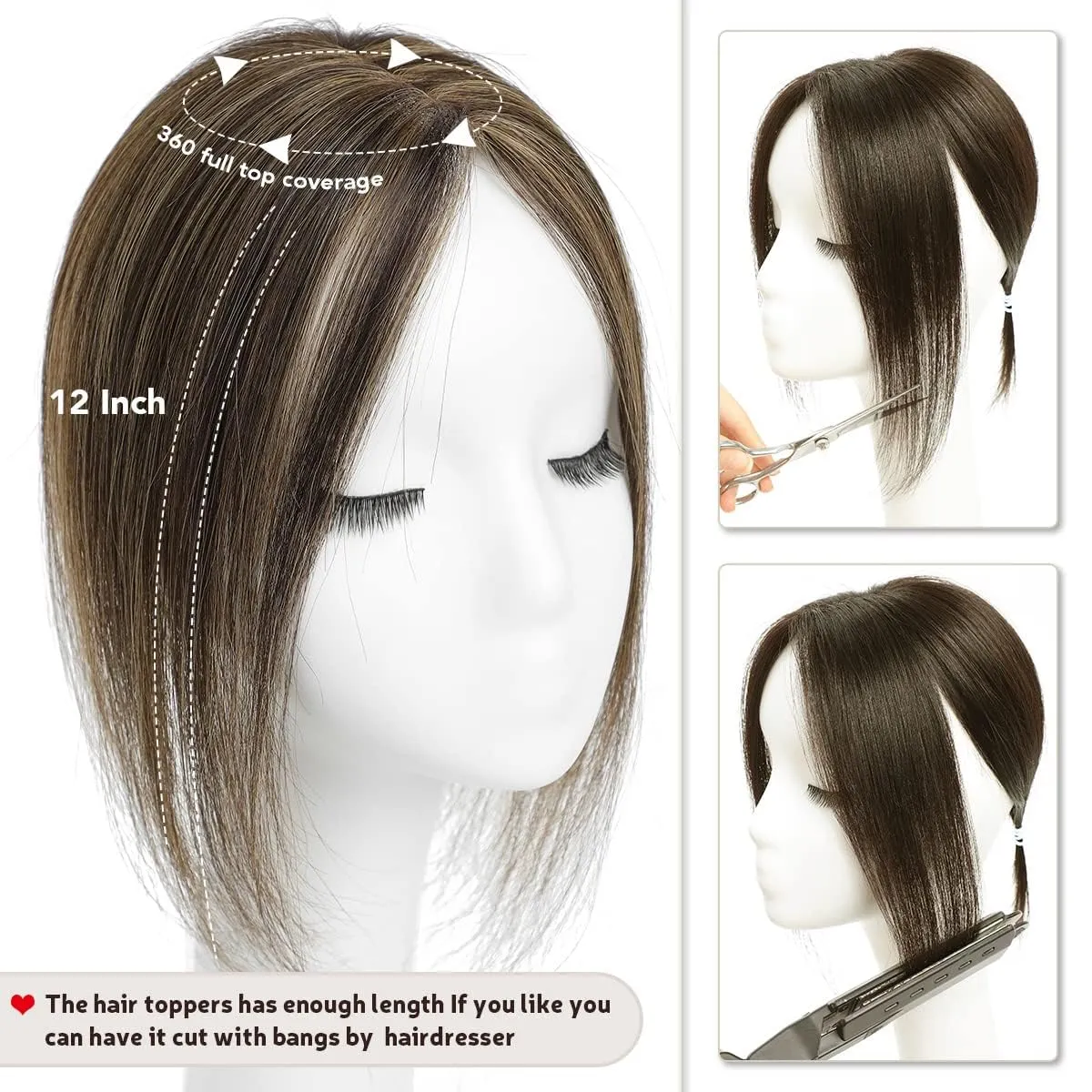 Hair Toppers for Women Real Human Hair,12inch Hairs Topper for Women No Bangs Top Hairs Extensions/Pieces Upgrade Lace Base