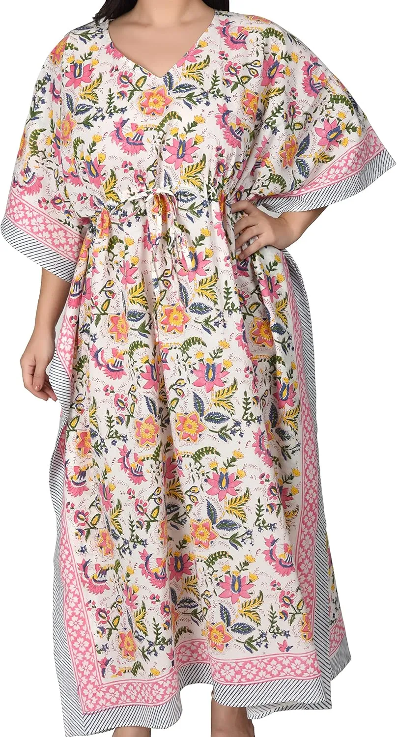 Hand Block Print Cotton Kaftan for Women Boho Loungewear Dress, Lightweight Sleepwear, Beach Cover Up, One Size Fits