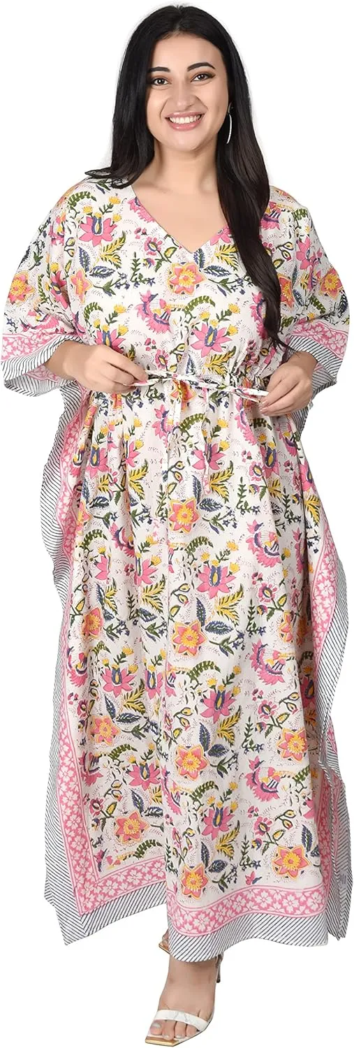 Hand Block Print Cotton Kaftan for Women Boho Loungewear Dress, Lightweight Sleepwear, Beach Cover Up, One Size Fits