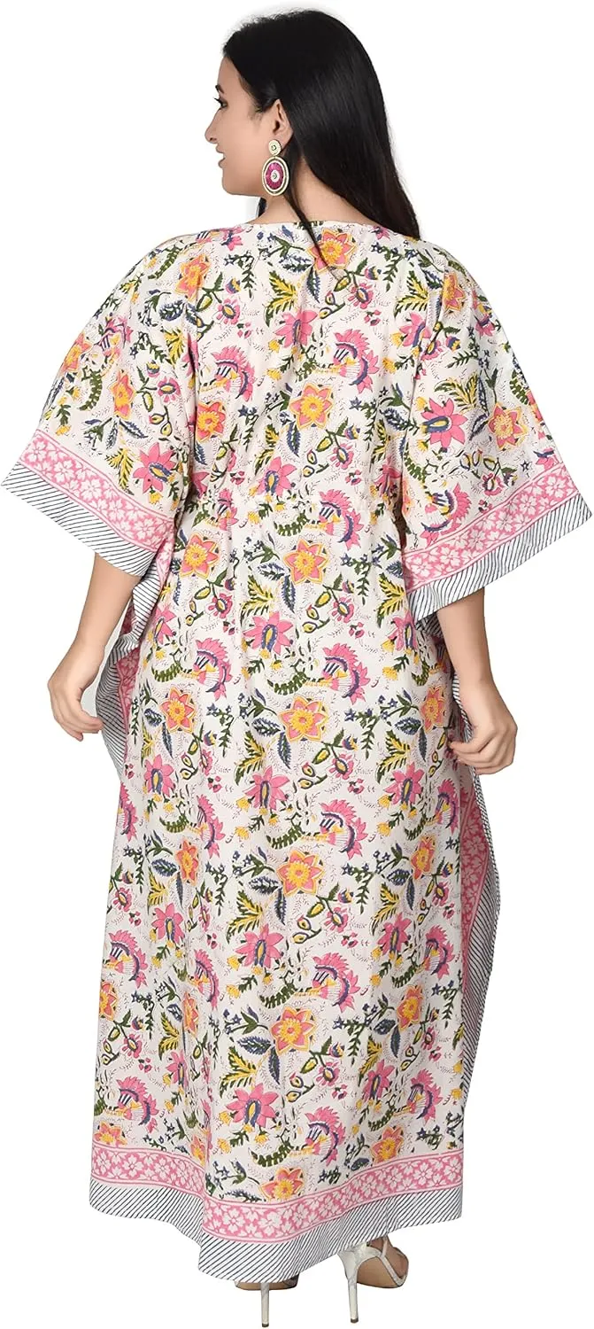 Hand Block Print Cotton Kaftan for Women Boho Loungewear Dress, Lightweight Sleepwear, Beach Cover Up, One Size Fits