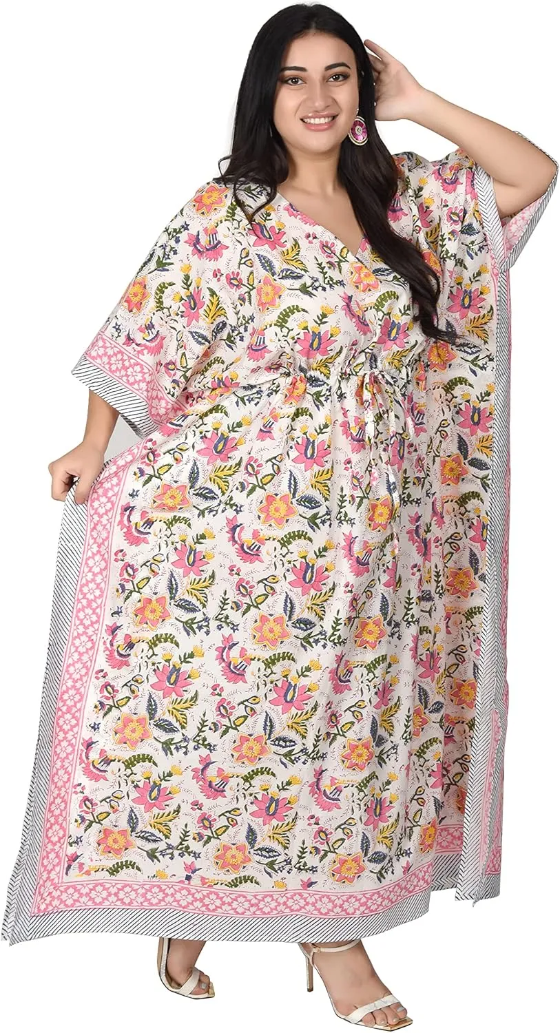 Hand Block Print Cotton Kaftan for Women Boho Loungewear Dress, Lightweight Sleepwear, Beach Cover Up, One Size Fits