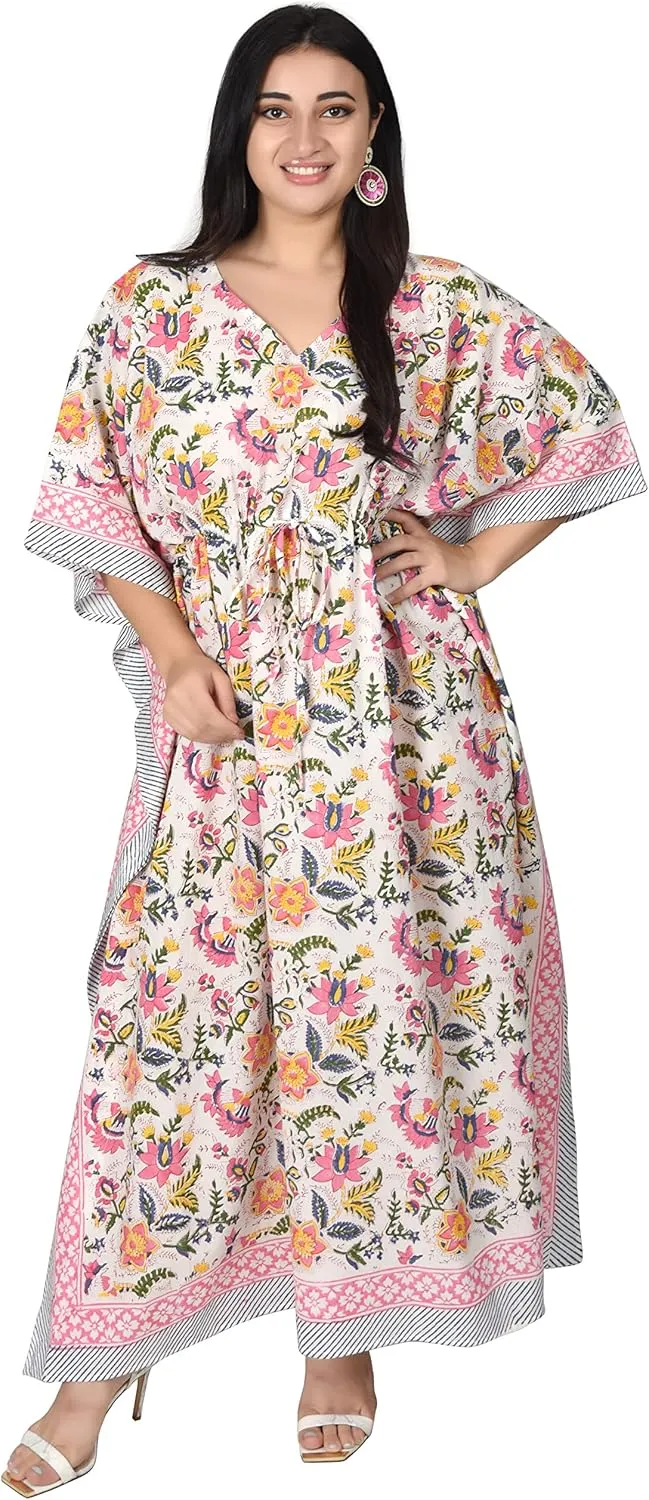 Hand Block Print Cotton Kaftan for Women Boho Loungewear Dress, Lightweight Sleepwear, Beach Cover Up, One Size Fits