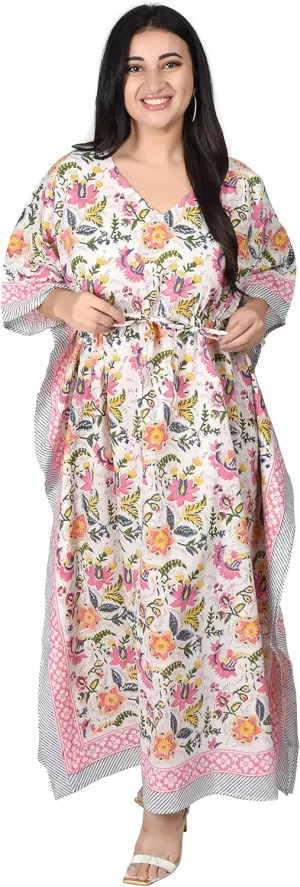 Hand Block Print Cotton Kaftan for Women Boho Loungewear Dress, Lightweight Sleepwear, Beach Cover Up, One Size Fits