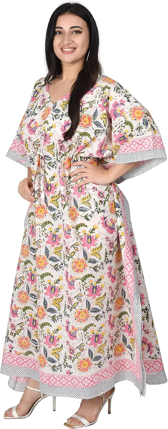 Hand Block Print Cotton Kaftan for Women Boho Loungewear Dress, Lightweight Sleepwear, Beach Cover Up, One Size Fits