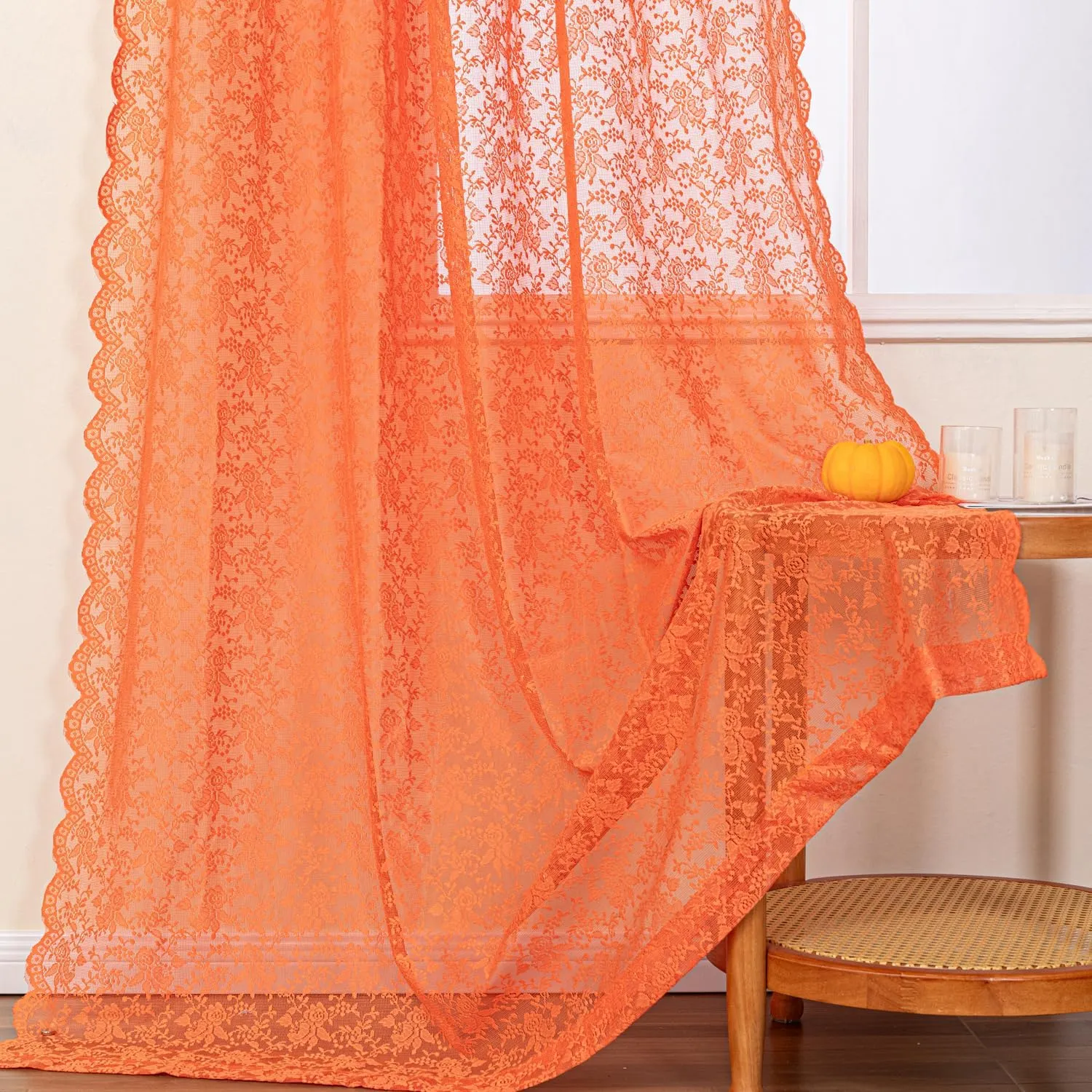 H.ebony Orange Lace Sheer Curtains 84 Inches Long, Rod Pocket Privacy Country Rustic Scalloped Sheer Lace Orange Curtains for Living Room, 52 x 84 Inch, 2 Panels, Rust Orange