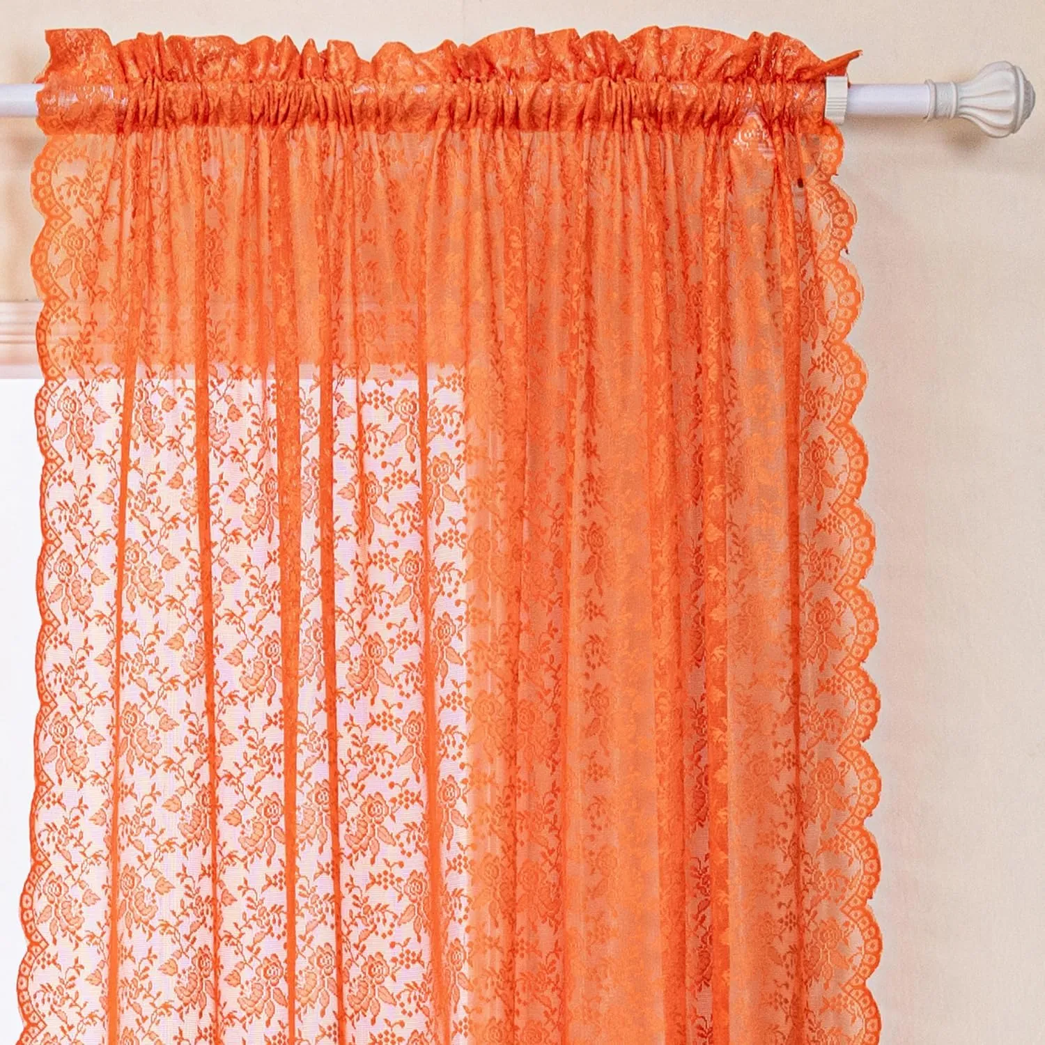 H.ebony Orange Lace Sheer Curtains 84 Inches Long, Rod Pocket Privacy Country Rustic Scalloped Sheer Lace Orange Curtains for Living Room, 52 x 84 Inch, 2 Panels, Rust Orange