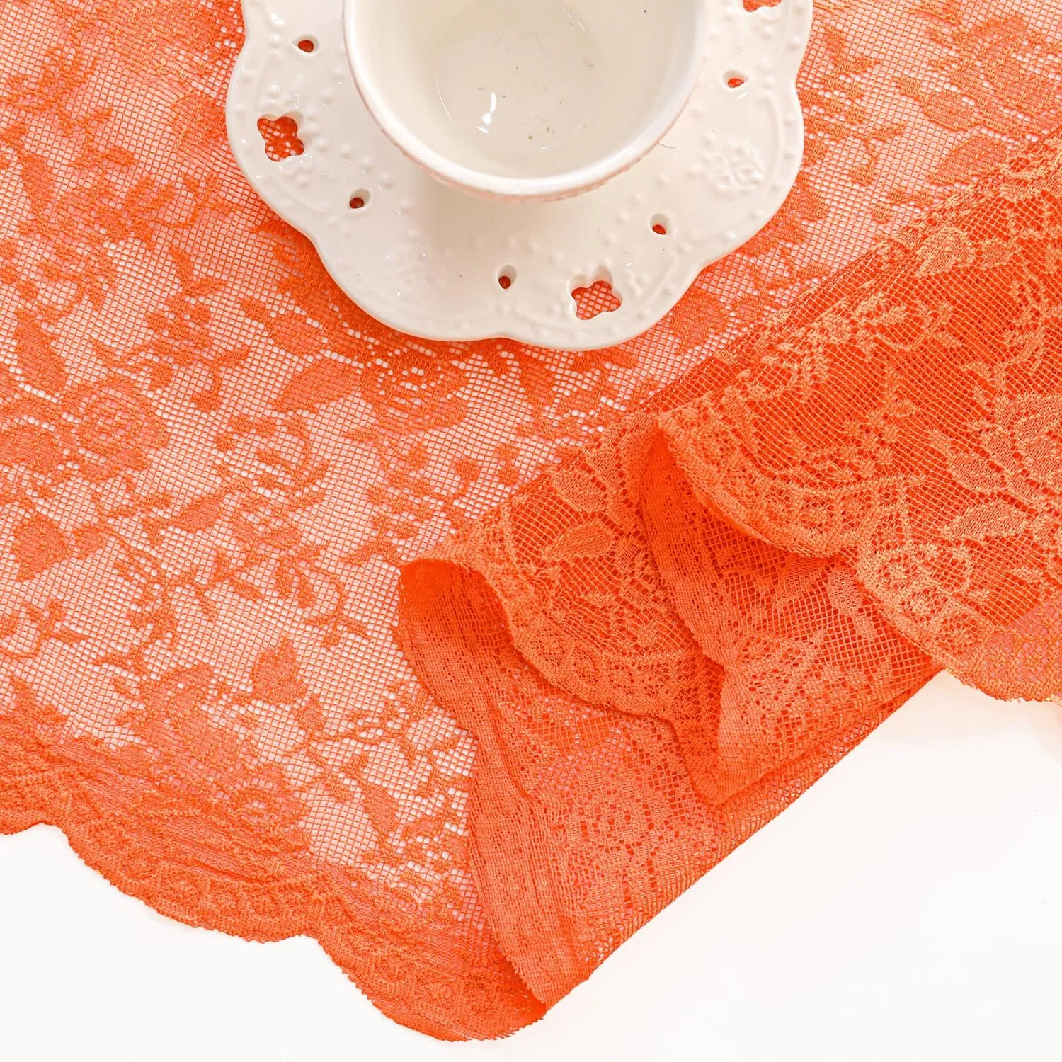 H.ebony Orange Lace Sheer Curtains 84 Inches Long, Rod Pocket Privacy Country Rustic Scalloped Sheer Lace Orange Curtains for Living Room, 52 x 84 Inch, 2 Panels, Rust Orange