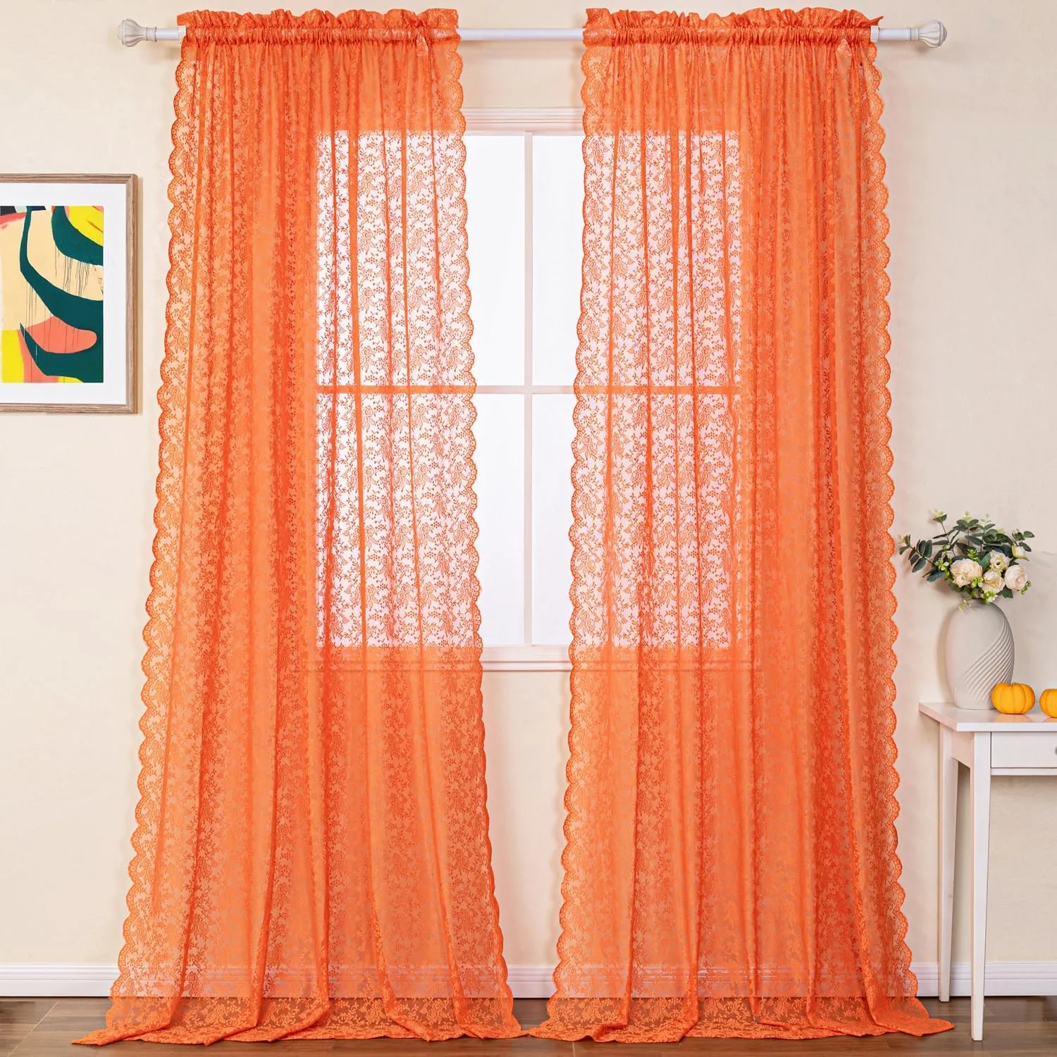 H.ebony Orange Lace Sheer Curtains 84 Inches Long, Rod Pocket Privacy Country Rustic Scalloped Sheer Lace Orange Curtains for Living Room, 52 x 84 Inch, 2 Panels, Rust Orange