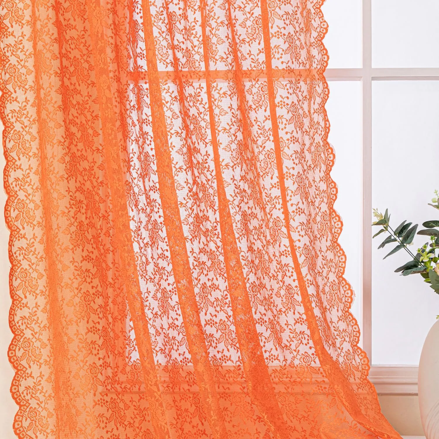 H.ebony Orange Lace Sheer Curtains 84 Inches Long, Rod Pocket Privacy Country Rustic Scalloped Sheer Lace Orange Curtains for Living Room, 52 x 84 Inch, 2 Panels, Rust Orange