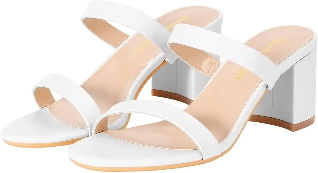 Heels Charm Women's Chunky Block Low Heeled Sandals 2.75 Inches Open Toe Two Strap Slip on Block High Heel Sandal Dress Sandals Daily Work Party Shoes