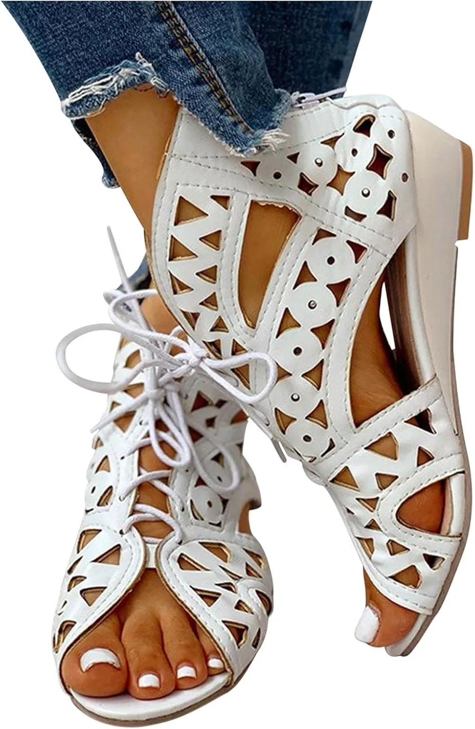 Hollow Sandals for Women Wedge Summer Casual Cross Straps Lace Up Fish Mouth Open Toe Back Zipper Flat Sandals Lightweight Comfy Outdoor Shoes
