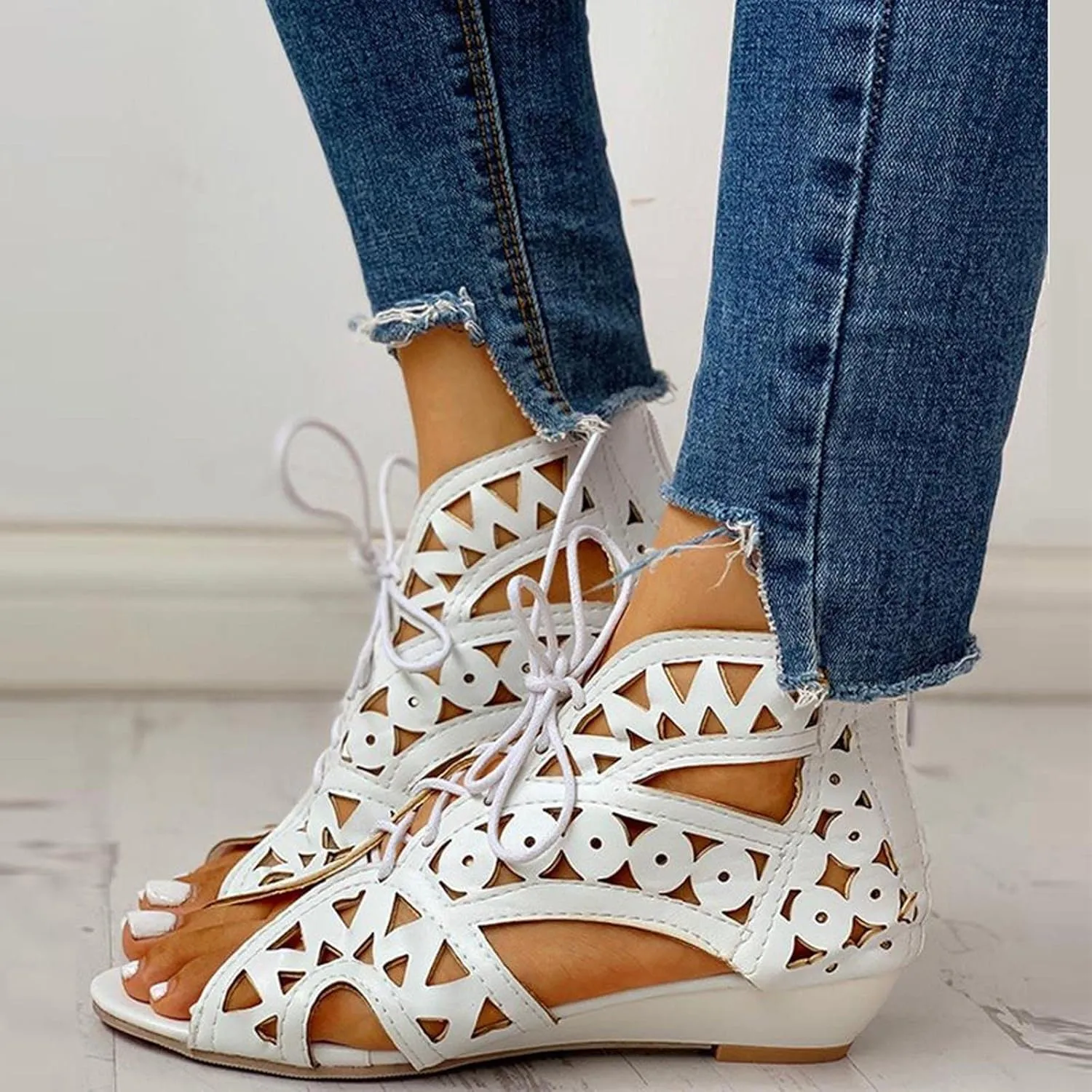 Hollow Sandals for Women Wedge Summer Casual Cross Straps Lace Up Fish Mouth Open Toe Back Zipper Flat Sandals Lightweight Comfy Outdoor Shoes