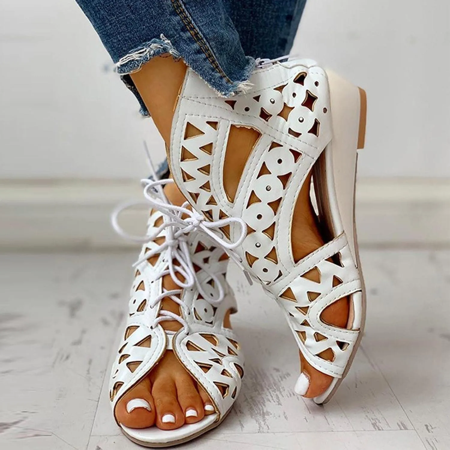Hollow Sandals for Women Wedge Summer Casual Cross Straps Lace Up Fish Mouth Open Toe Back Zipper Flat Sandals Lightweight Comfy Outdoor Shoes