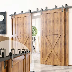 Homacer Black Rustic Double Track U-Shape Bypass Sliding Barn Door Hardware Kit, for Four Doors, 12ft Long Flat Track, Classic Design Roller （Doors Not Included）