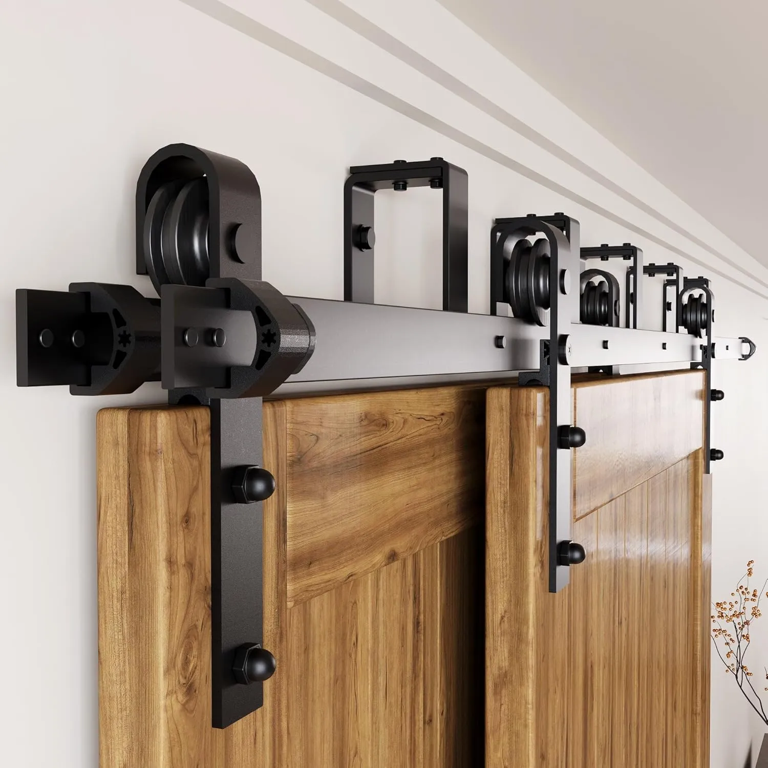 Homacer Black Rustic Double Track U-Shape Bypass Sliding Barn Door Hardware Kit, for Four Doors, 12ft Long Flat Track, Classic Design Roller （Doors Not Included）