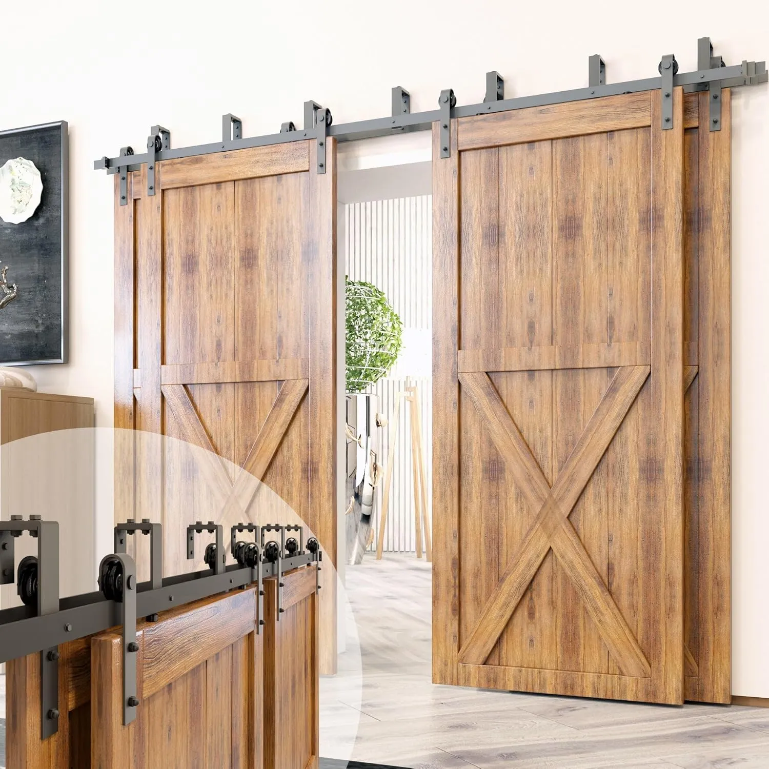 Homacer Black Rustic Double Track U-Shape Bypass Sliding Barn Door Hardware Kit, for Four Doors, 12ft Long Flat Track, Classic Design Roller （Doors Not Included）