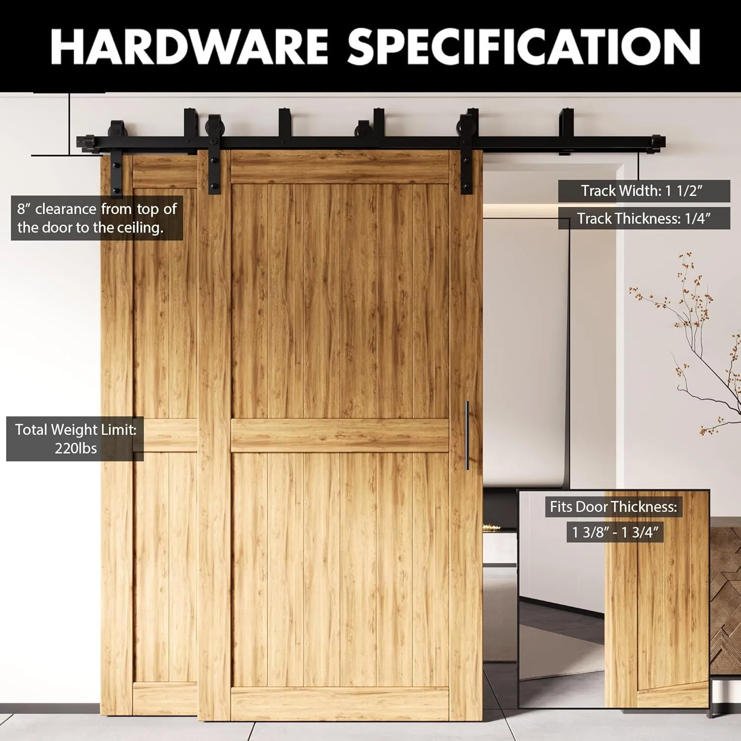 Homacer Black Rustic Double Track U-Shape Bypass Sliding Barn Door Hardware Kit, for Three Doors, 12ft Long Flat Track, Classic Design Roller （Doors Not Included）
