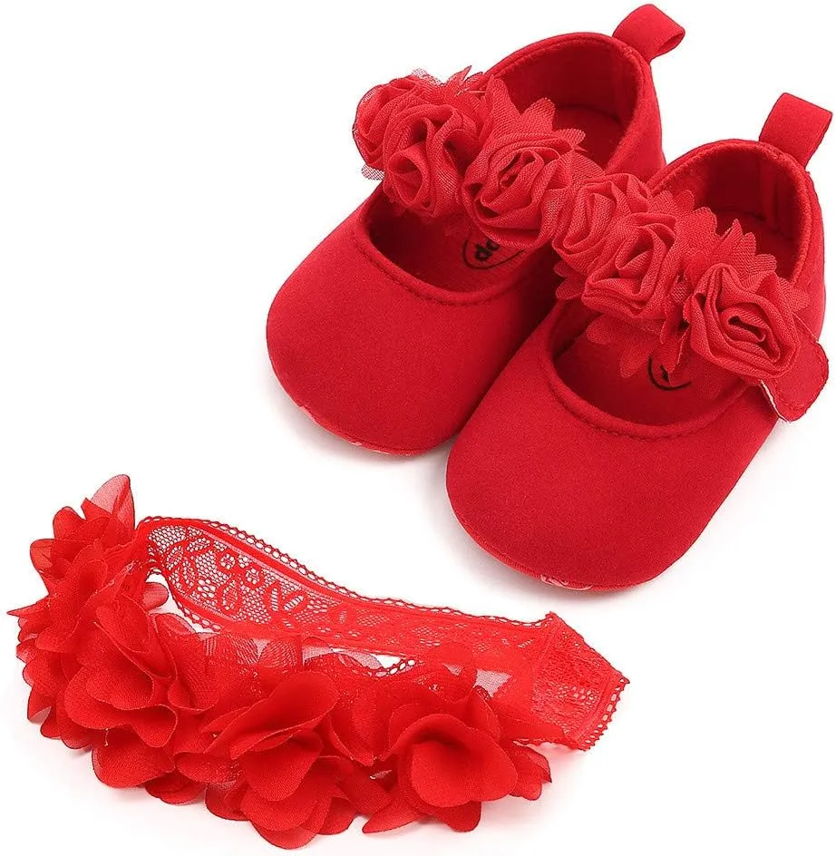 HsdsBebe 2pcs/Set Newborn Baby Girl Princess Mary Jane Shoes Toddler Infant Wedding Dress Flat Shoes with Free Headband