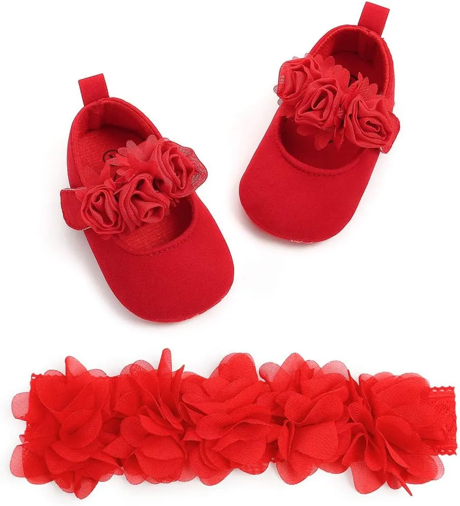HsdsBebe 2pcs/Set Newborn Baby Girl Princess Mary Jane Shoes Toddler Infant Wedding Dress Flat Shoes with Free Headband