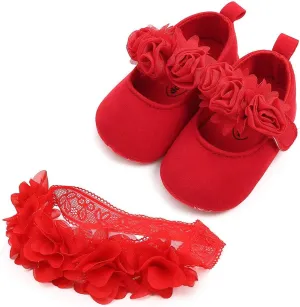 HsdsBebe 2pcs/Set Newborn Baby Girl Princess Mary Jane Shoes Toddler Infant Wedding Dress Flat Shoes with Free Headband