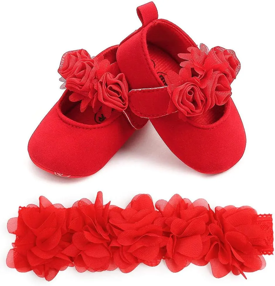 HsdsBebe 2pcs/Set Newborn Baby Girl Princess Mary Jane Shoes Toddler Infant Wedding Dress Flat Shoes with Free Headband