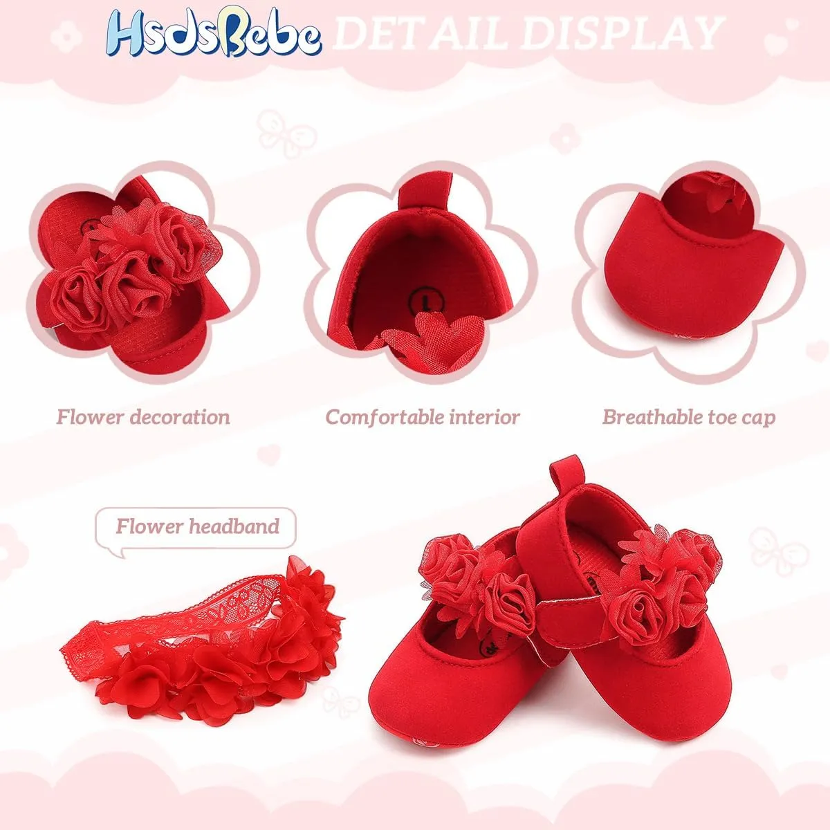 HsdsBebe 2pcs/Set Newborn Baby Girl Princess Mary Jane Shoes Toddler Infant Wedding Dress Flat Shoes with Free Headband