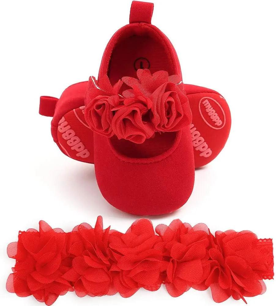 HsdsBebe 2pcs/Set Newborn Baby Girl Princess Mary Jane Shoes Toddler Infant Wedding Dress Flat Shoes with Free Headband