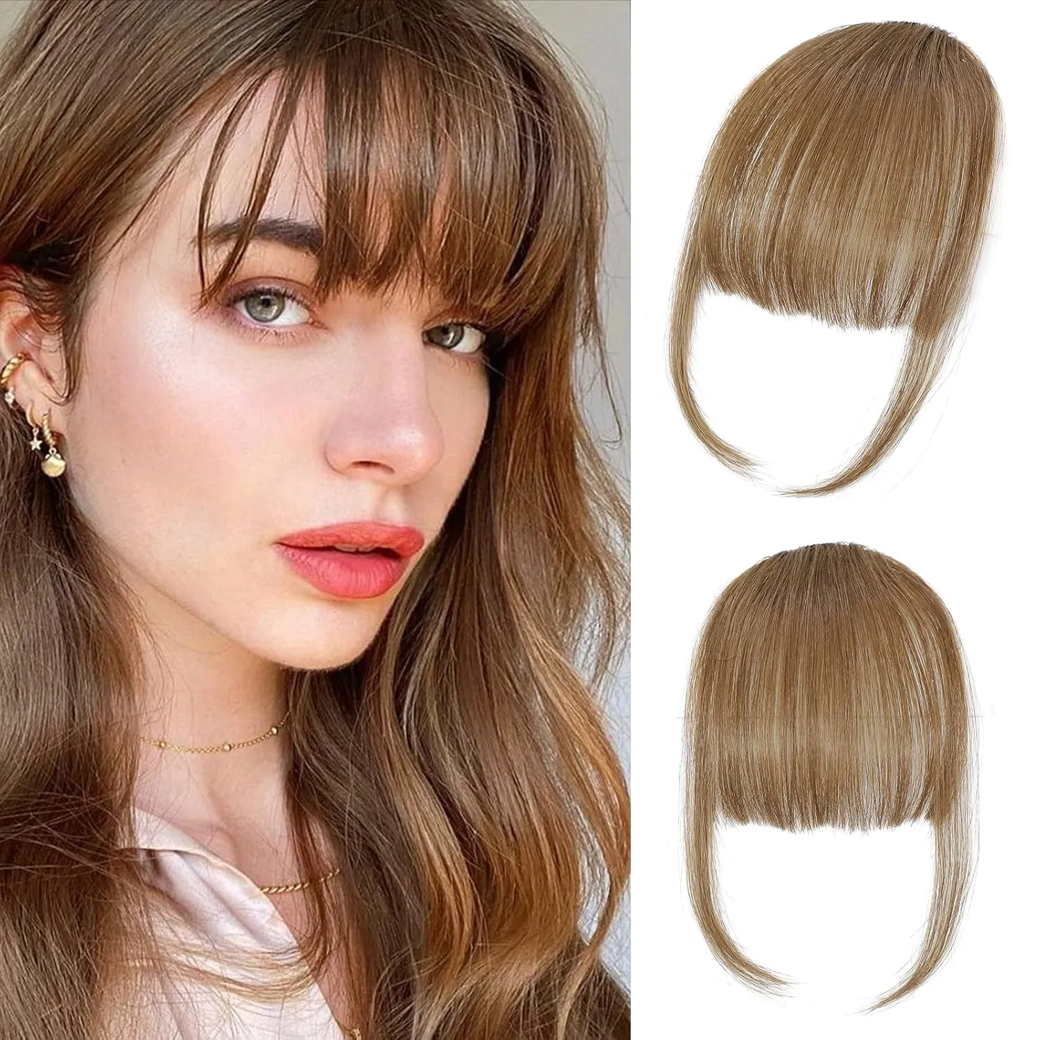 Human Hair Wispy Bangs - Light Brown, Wavy, Clip On Hair Bangs - Hair Accessory