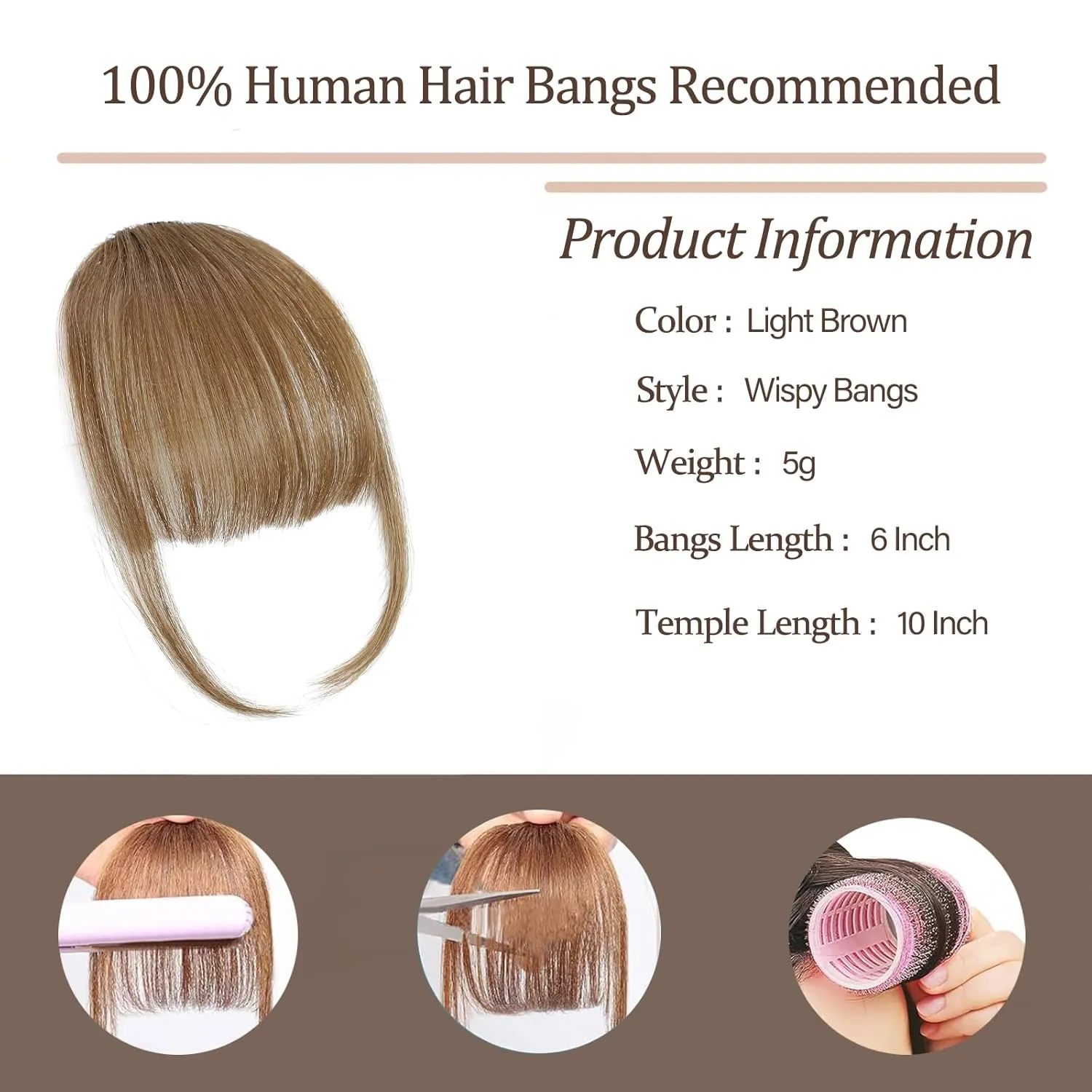 Human Hair Wispy Bangs - Light Brown, Wavy, Clip On Hair Bangs - Hair Accessory
