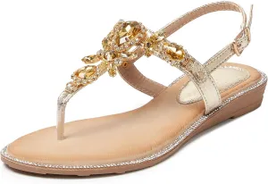 iCKER Women Rhinestone Sandals T-Strap Buckle Bohemian Pearl Crystal Flat Sandals